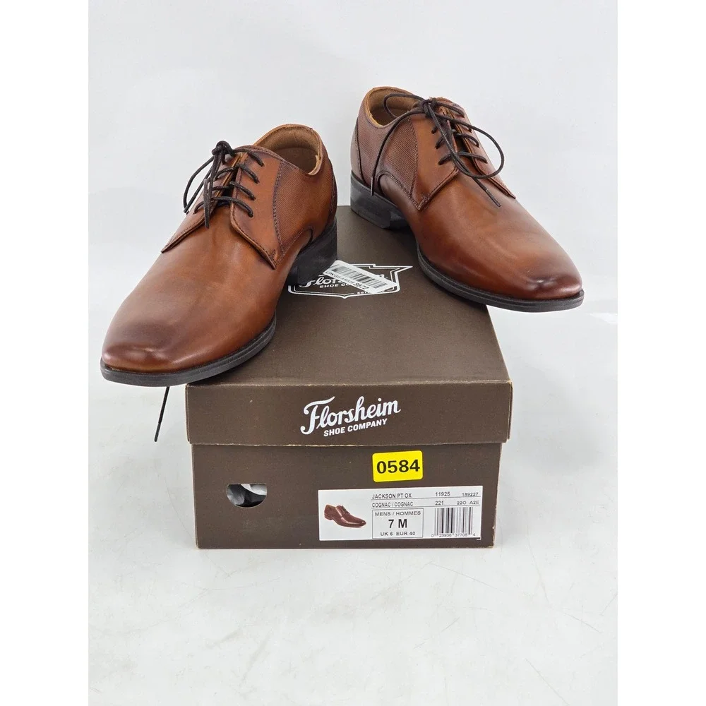 Florsheim Jackson PT OX Mens 7 M Cognac Plain Toe Derby Shoes - Excellent